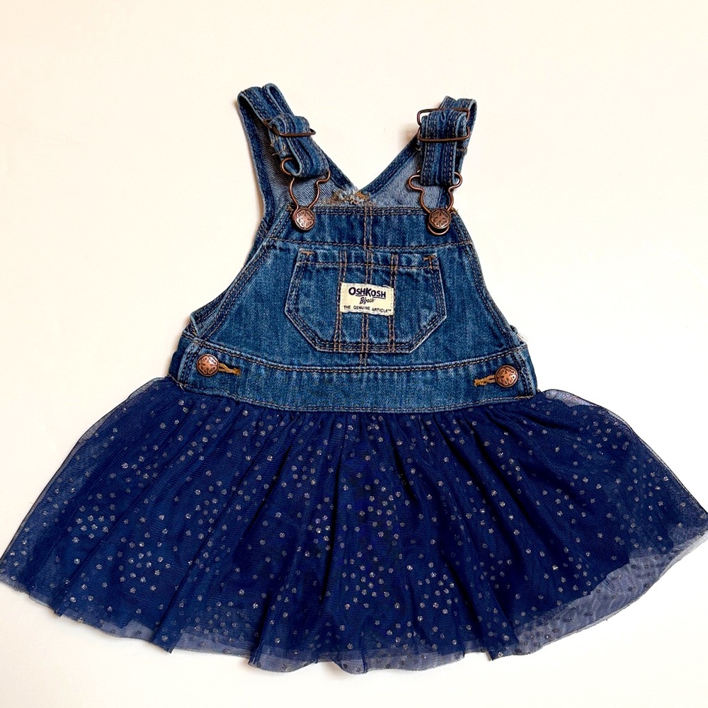 OshKosh B'gosh Denim Vestbak Jumper with Navy Blue Sparkle Tulle Skirt | 12 mos